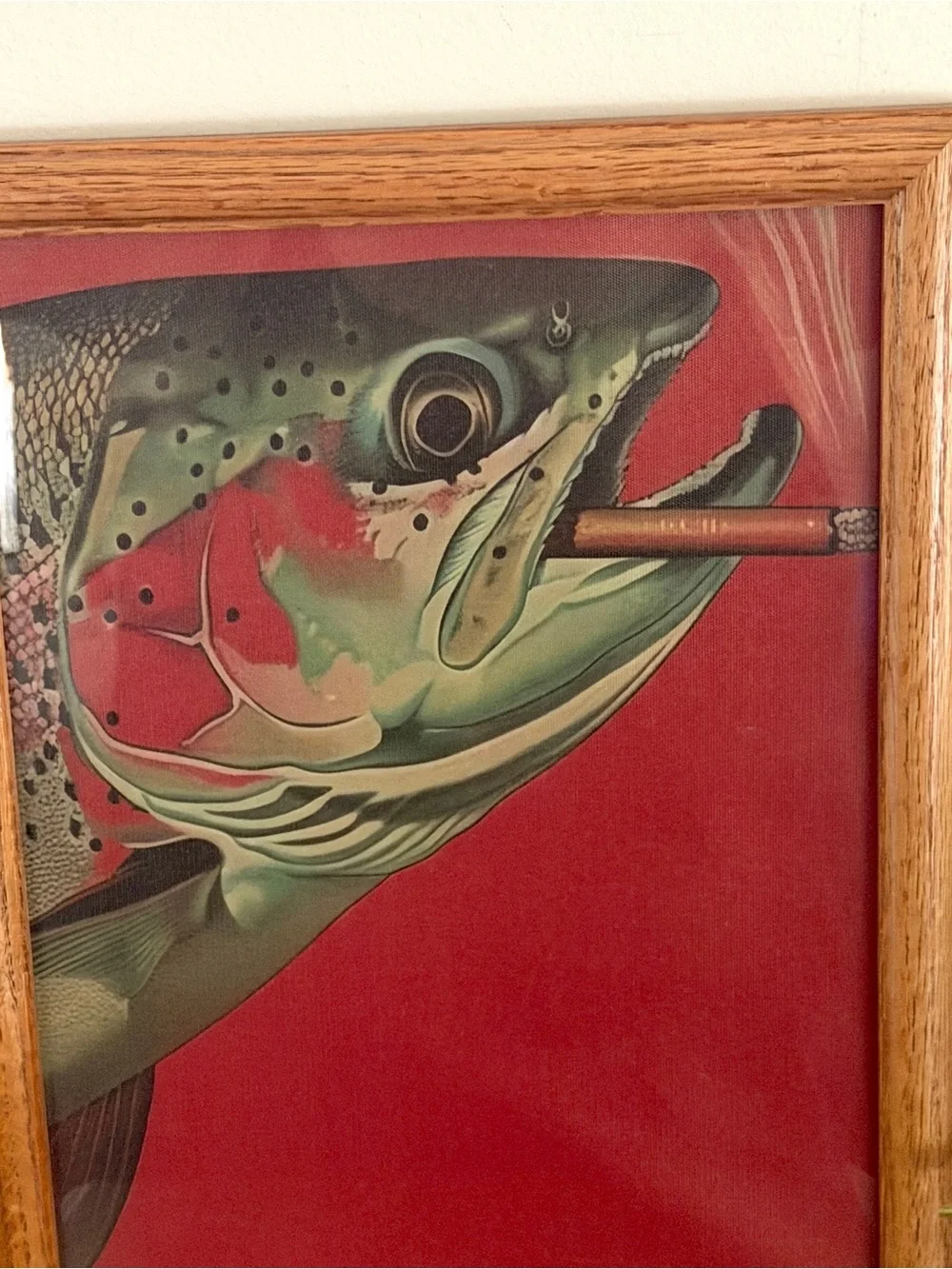 Trout Fish Smoking a Cigarette Vintage Style Canvas Wall Art Print Wood Framed